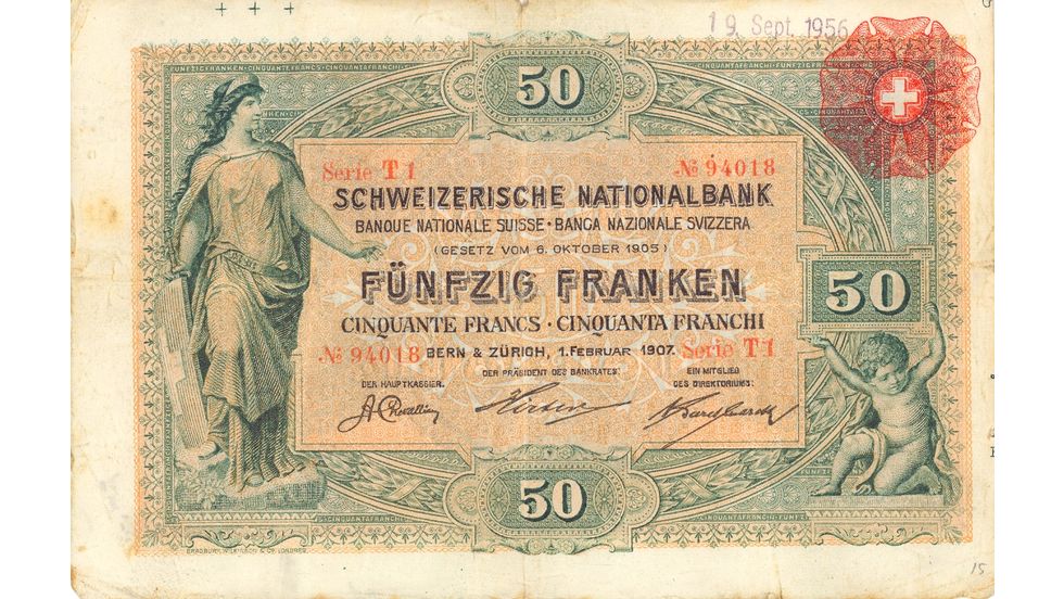 First banknote series, 1907, 50 franc note, front