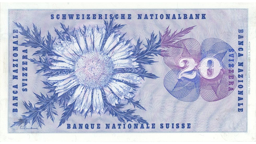 Fifth banknote series, 1956, 20 franc note, back