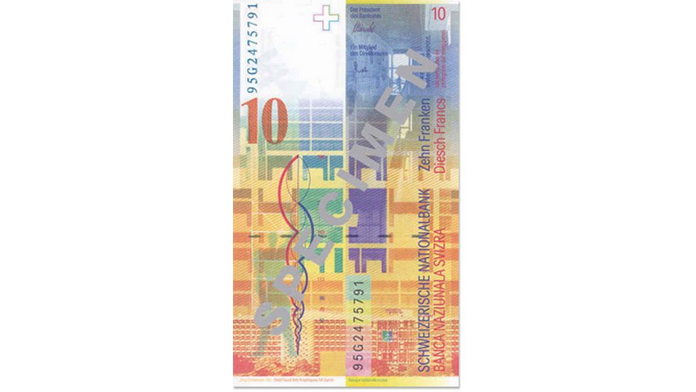 Eighth banknote series, 1995, 10 franc note, back