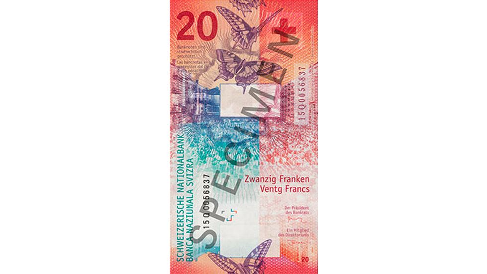 20-Franken-Note Specimen Rückseite