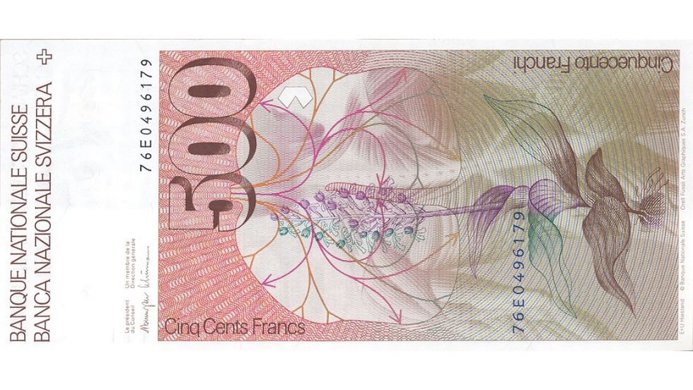 6. Banknotenserie 1976, 500-Franken-Note, Rückseite