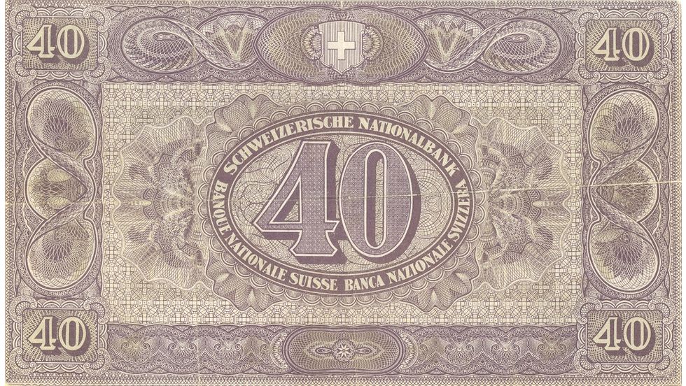 Second banknote series, 1911, 40 franc note, back