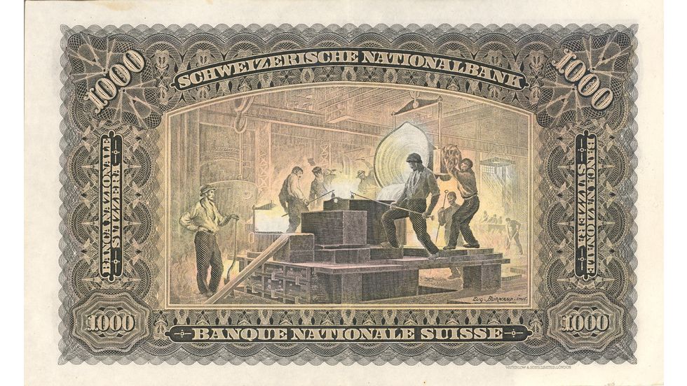 Second banknote series, 1911, 1000 franc note, back