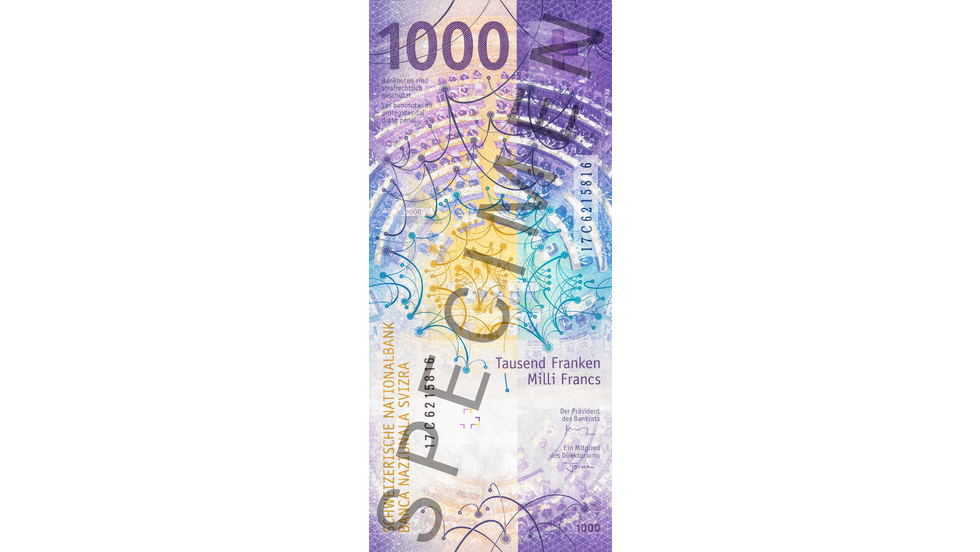 1000-Franken-Note Specimen Rückseite